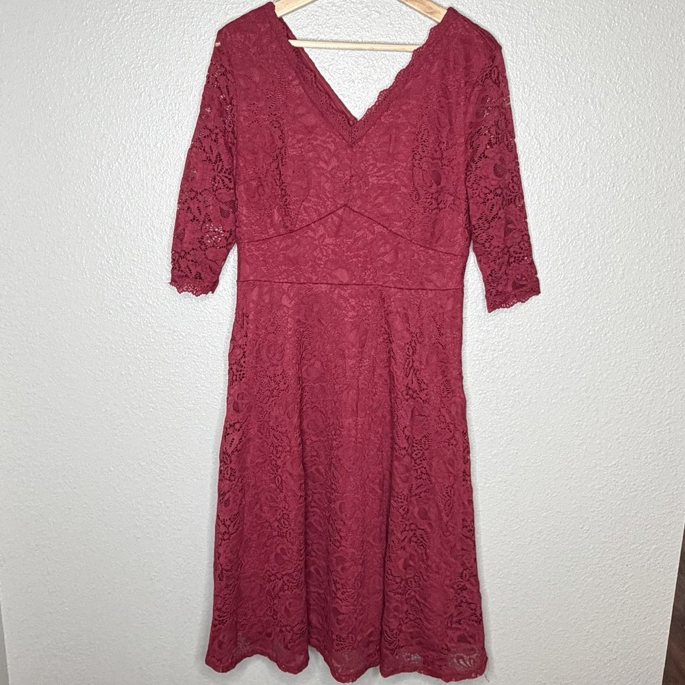 Jasambac Burgundy Lace Midi Dress‎ 3/4 Sleeve Fit Flare Womens L Christmas Party